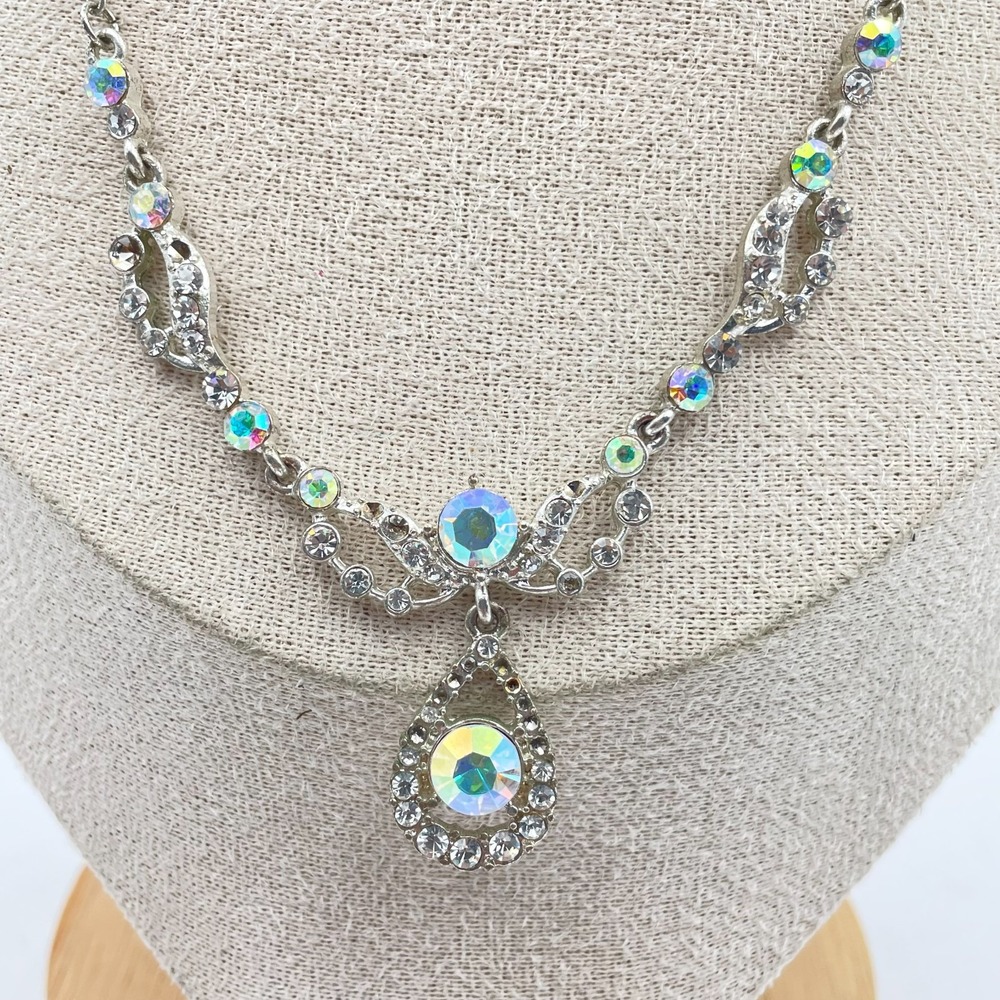 Vintage Aurora Borealis AB Rhinestone Teardrop Necklace Silver Tone Prom Bridal